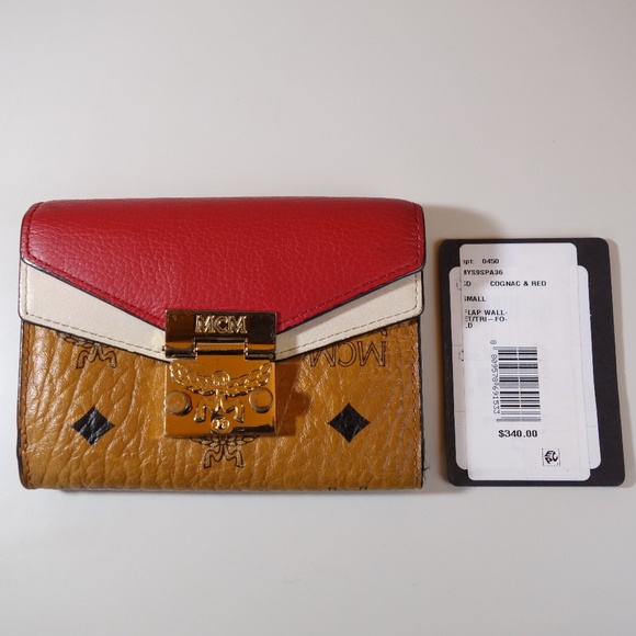 MCM Patricia Three Fold Brown & Red Visetos Leather Push Lock Wallet, Sz Medium - Picture 2 of 16